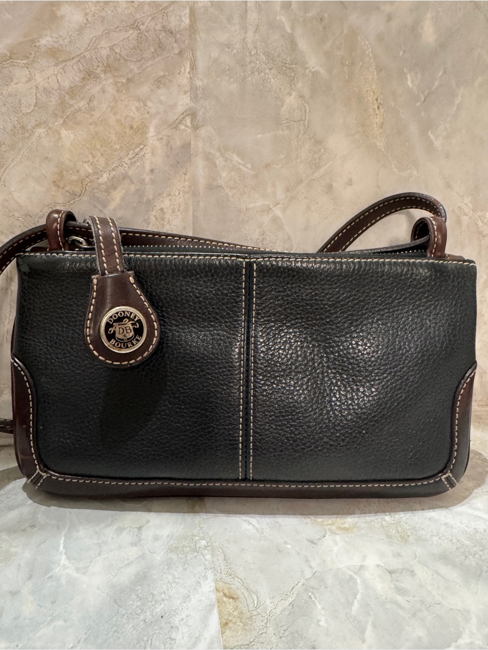 Dooney & Bourke Black Pebbled Leather Shoulder Bag with Brown Trim